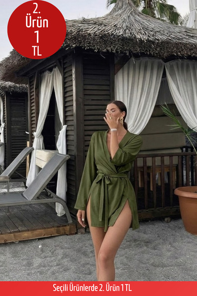 COMBİNE MİCHAİL Kadın Straight Fit Basic Haki Mini Kimono