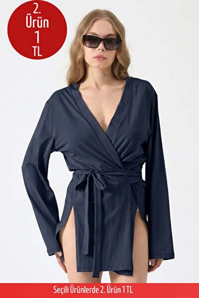 COMBİNE MİCHAİL Kadın Plaj Giyim Rahat Kuşaklı Laci Kimono