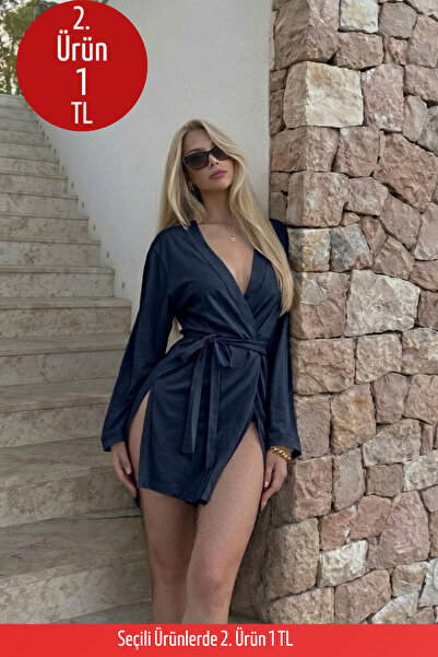 COMBİNE MİCHAİL Kadın Soft Pamuklu Kuşaklı Lacivert Kimono