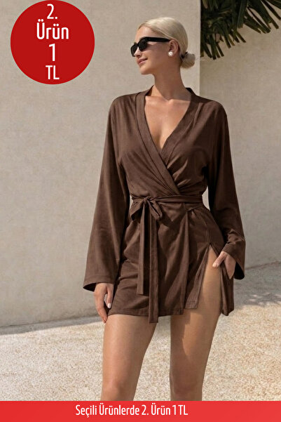 COMBİNE MİCHAİL Kadın Soft V Yaka Kuşaklı Kahve Kimono