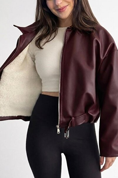 Jaglion Suede Lined Luvren Trend Oversize Bomber Belted Leather Jacket