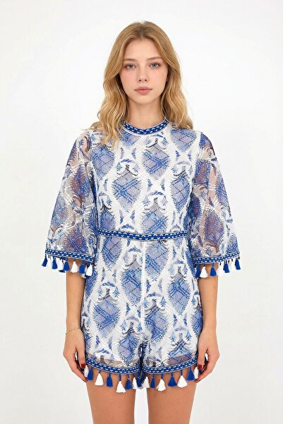 bacc Mavi Dik Yaka Sırt Dekolteli İçi Astarlı Püskül Detaylı Tül Tulum