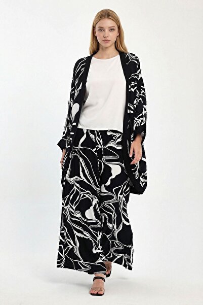 bacc Siyah Baskılı Kimono Ve Pantolon Dokuma Viscon Alt Üst Takım