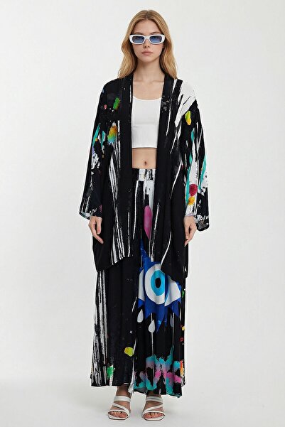 loia Γυναικείο παντελόνι με μαύρο σχέδιο και μακρύ κιμονό υφαντό σετ με μπλού...