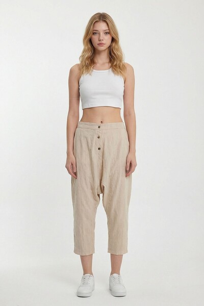 bacc Μπεζ γυναικείο παντελόνι Shalwar - Διπλή τσέπη και λεπτομέρεια με κουμπι...