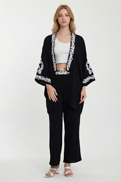 loia Γυναικείο Μαύρο Κεντημένο Σετ Κιμονό με Παντελόνι και Μπλούζα, Κομψό Σετ...