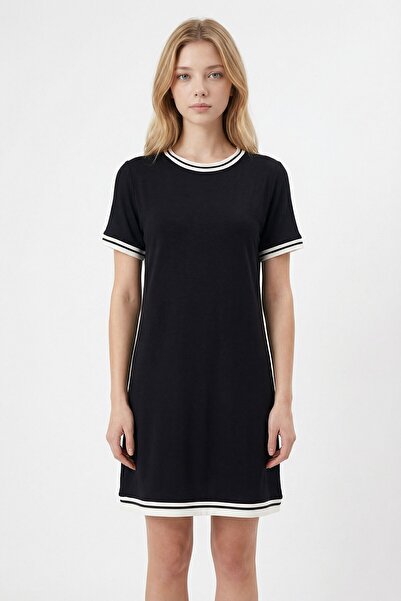 loia Γυναικείο μαύρο φόρεμα με λαιμόκοψη ποδηλάτου, ριμπ ρίγες, άνετη εφαρμογ...