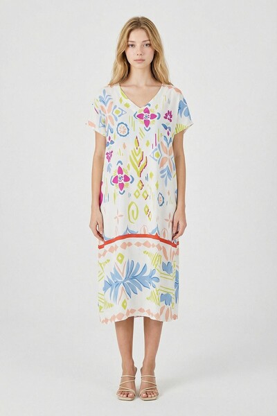 loia Γυναικείο φόρεμα με εκρού σχέδιο, με λαιμόκοψη σε σχήμα V, μίντι μήκους,...