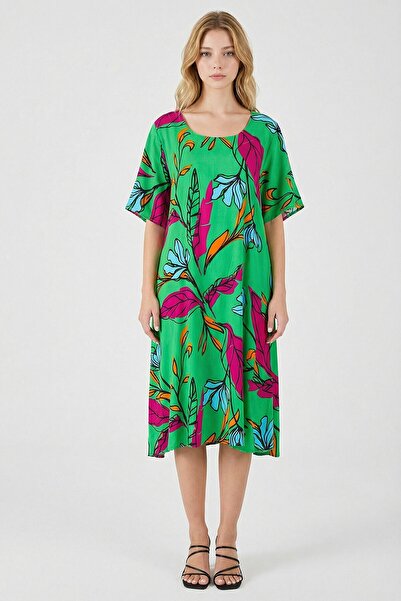 loia Γυναικείο φόρεμα με πράσινο σχέδιο με φύλλα, με λαιμόκοψη U, κοντό μανίκ...