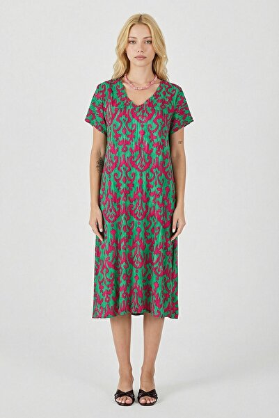 bacc Πράσινο-Φούξια φόρεμα Με σχέδιο με λαιμόκοψη V Midi μήκος