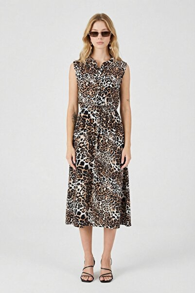 bacc Αμάνικο μίντι φόρεμα με κουμπιά Leopard Notch γιακά Με σχέδιο