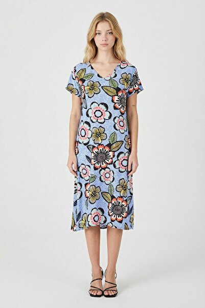 bacc Φόρεμα με μπλε βαθύ λαιμόκοψη με λουλουδάτο σχέδιο με μήκος μίντι