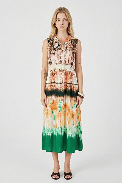 bacc Πράσινο-κρεμ φόρεμα μίντι με κουμπιά και γιακά Με σχέδιο χωρίς μανίκια