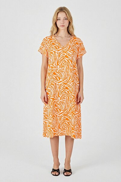 bacc Πορτοκαλί Λευκό Δερμάτινο n V-λαιμόκοψη κοντομάνικο φόρεμα Με σχέδιο Mid...