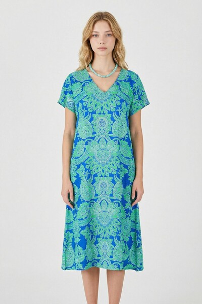 loia Γυναικείο φόρεμα με πράσινο σχέδιο, λαιμόκοψη V, κοντό μανίκι, μίντι μήκ...