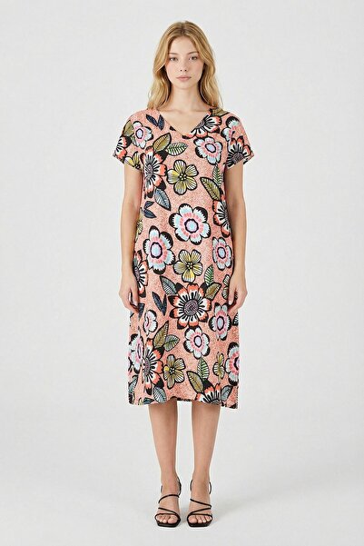 bacc Orange deep v-neck floral pattern midi length dress