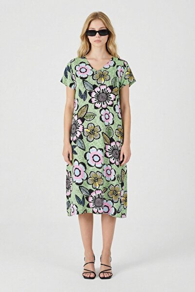 bacc Φόρεμα Pistachio Green Δερμάτινο n V-Neck Με φλοράλ μοτίβο Midi μήκος