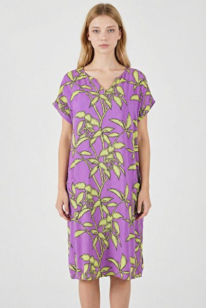 bacc Λιλά Τρόπικ Με σχέδιο V-Neck oversized Μίντι Φόρεμα