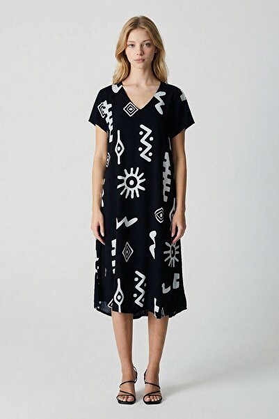 loia Γυναικείο κομψό φόρεμα με μαύρο σχέδιο, λαιμόκοψη V, κοντό μανίκι, σκίσι...