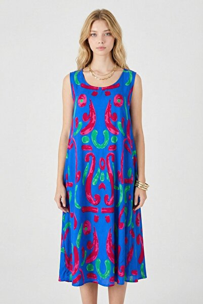 bacc Μπλε φόρεμα με λαιμόκοψη U, αμάνικο, ασύμμετρης κοπής Midi μήκος