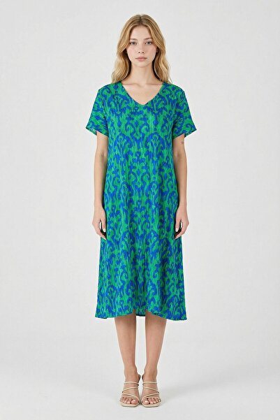 loia Γυναικείο κομψό φόρεμα με πράσινο και μπλε σχέδιο, λαιμόκοψη σε σχήμα V,...