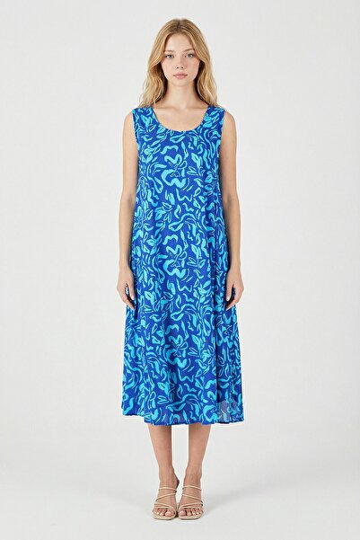 loia Γυναικεία μπλε αμάνικη φούστα με λαιμόκοψη U, ασύμμετρη κοπή, με σχέδιο,...