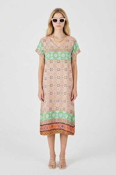 bacc Orange-green patterned v-neck midi dress