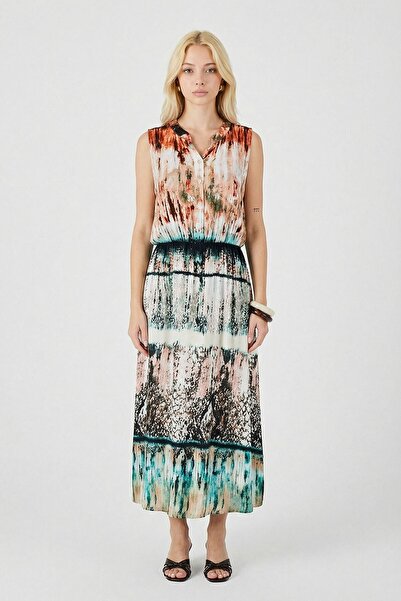 bacc Orange-beige notched neck buttoned patterned sleeveless midi dress