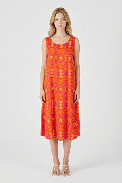 loia Γυναικείο πορτοκαλί ασύμμετρο φόρεμα με σχέδιο U-λαιμόκοψη και κομψό σχέ...