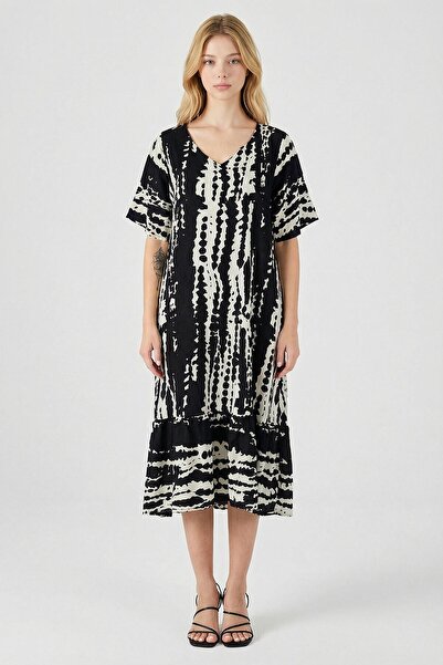 loia Γυναικείο μαύρο φόρεμα με σχέδιο μπατίκ, με λαιμόκοψη V, με βολάν, overs...