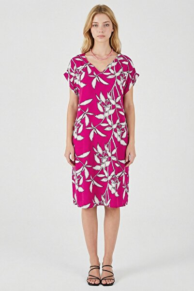 bacc Φούξια Tropical Με σχέδιο V-Neck oversized Μίντι Φόρεμα