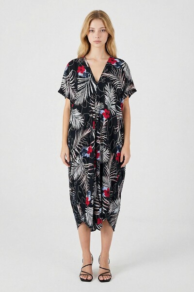 bacc Rochie caftan alb-negru cu model cu decolteu în V croi relaxat