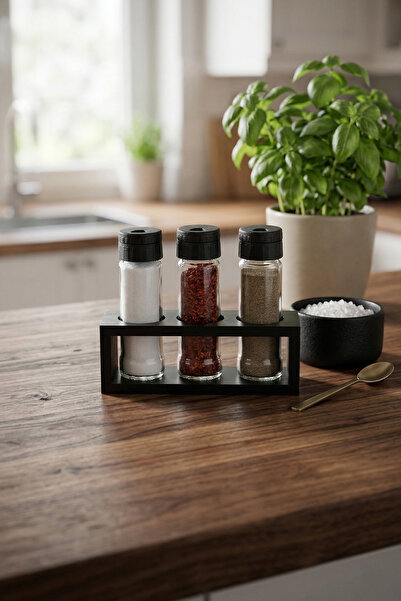 AzzaWood 3 'lü Cam Tuzluk Biberlik Seti - Siyah Ahşap Stantlı