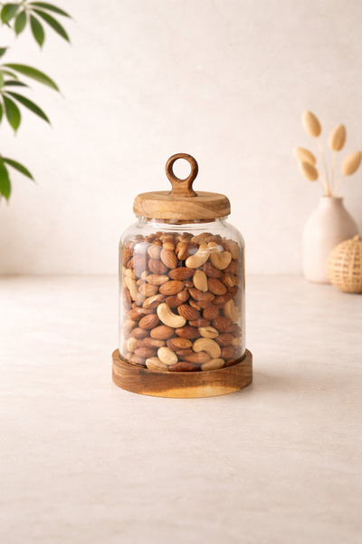 KaiHome جرة زجاجية مفردة مع غطاء أكاسيا وتفاصيل قاعدة أكاسيا