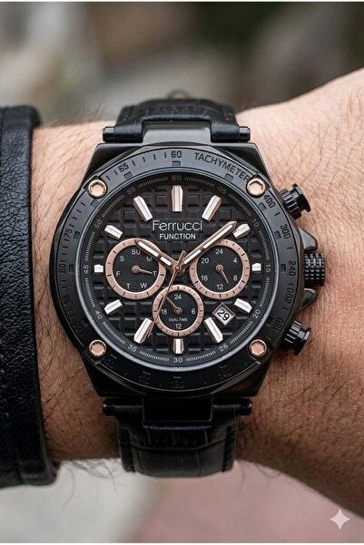 Ferrucci ساعة يد رجالية سوداء |   هيكل من الفولاذ مقاس 44 ملم، حزام أسود جلد،...