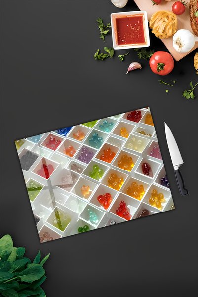 kutuTR Colorful Jelibon Teddy Bear Patterned Tempered Glass Cutting Board 30X40 cm Size Uv Printing - Bckt055