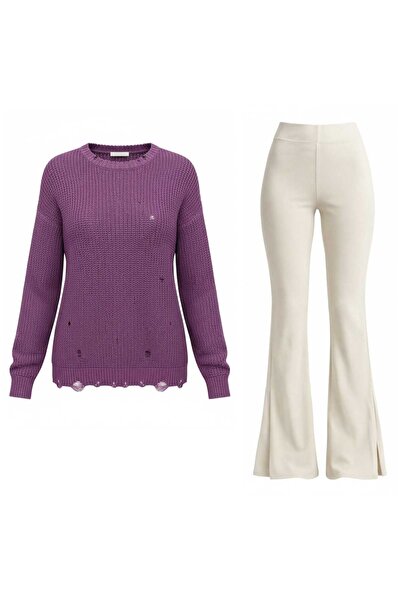 ANATOLIATEKSTILE Set Damă Pulover Lung Oversize + Colanți – Outfit Casual Con...