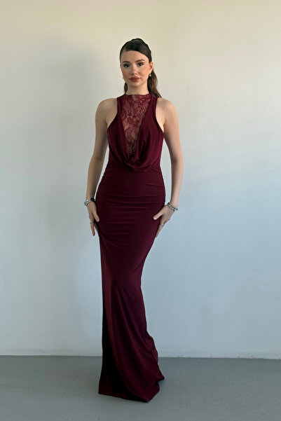 Aventien Degaje Collar Lace Detail Burgundy Designer Dress