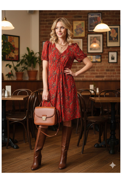 Namaste Vintage Narçiçeği Floral Print Red Vintage Model Draped Dress