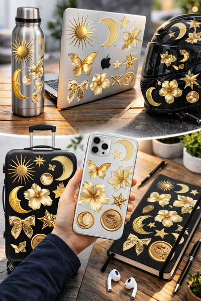 Limitless Design Gold Aesthetic Sticker Set – Moon, Sun, Butterfly & Flower T...