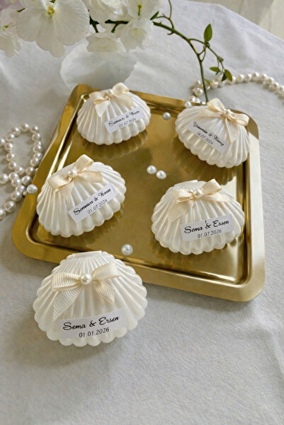 ERSE HOME 8 Adet Krem Renk Fiyonklu İstiridye Mum Nikah ve Bebek Şekeri, Söz,...