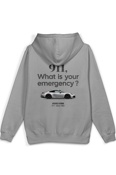 Overoz 911 Araba Sırt Printed Hooded Yarı Oversized Sweatshirt Gray Hoodie 1423