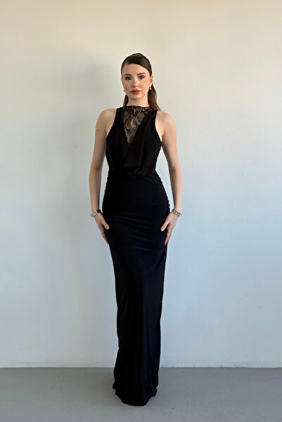 Aventien Degaje Collar Lace Detail Black Designer Dress