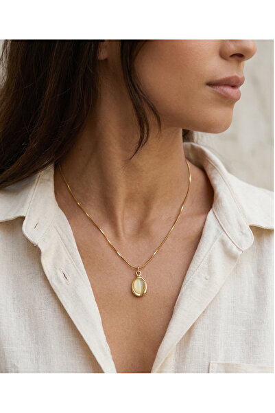 PURE BERRY OVAL KESİM TAŞLI GOLD RENK ÇELİK KOLYE