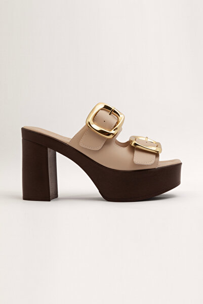 Mamito Ayakkabı K-776 Cross Band Buckle Detail Block Heel Slipper