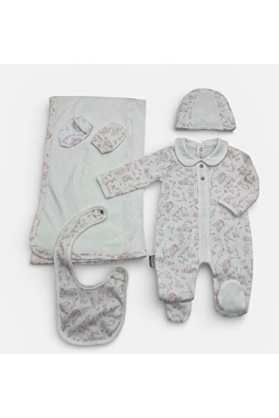 Baby day طقم استقبال مواليد قطن 6 قطع – لون أبيض × رمادي – تصميم كلاسيك