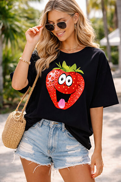 ArtYus Cartoon Strawberry Printed Unisex Oversized T-Shirt - Fun Fruit Graphi...