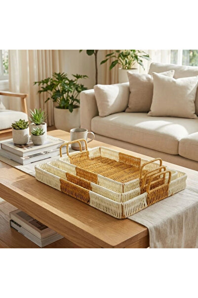 shopwave Interlocking Set of 3 Rectangular Plastic Rattan Trays – Multi-Purpo...