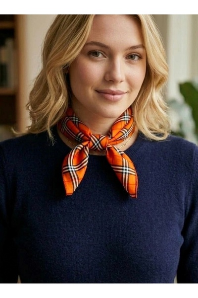 Mavi Masal Eșarfă de damă din satin cu model în carouri portocalii - Eșarfă d...
