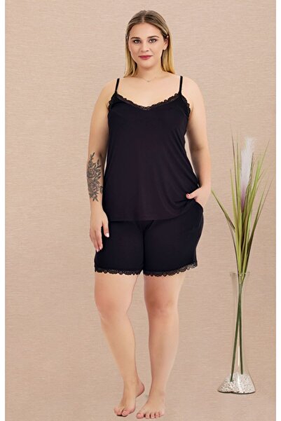 by İGP Black Spaghetti Strap Plus Size Shorts Set